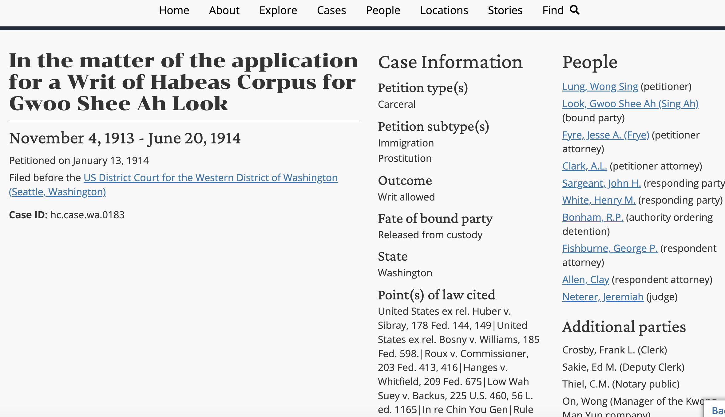 Petitioning for Freedom front end, displaying information about a habeas corpus case